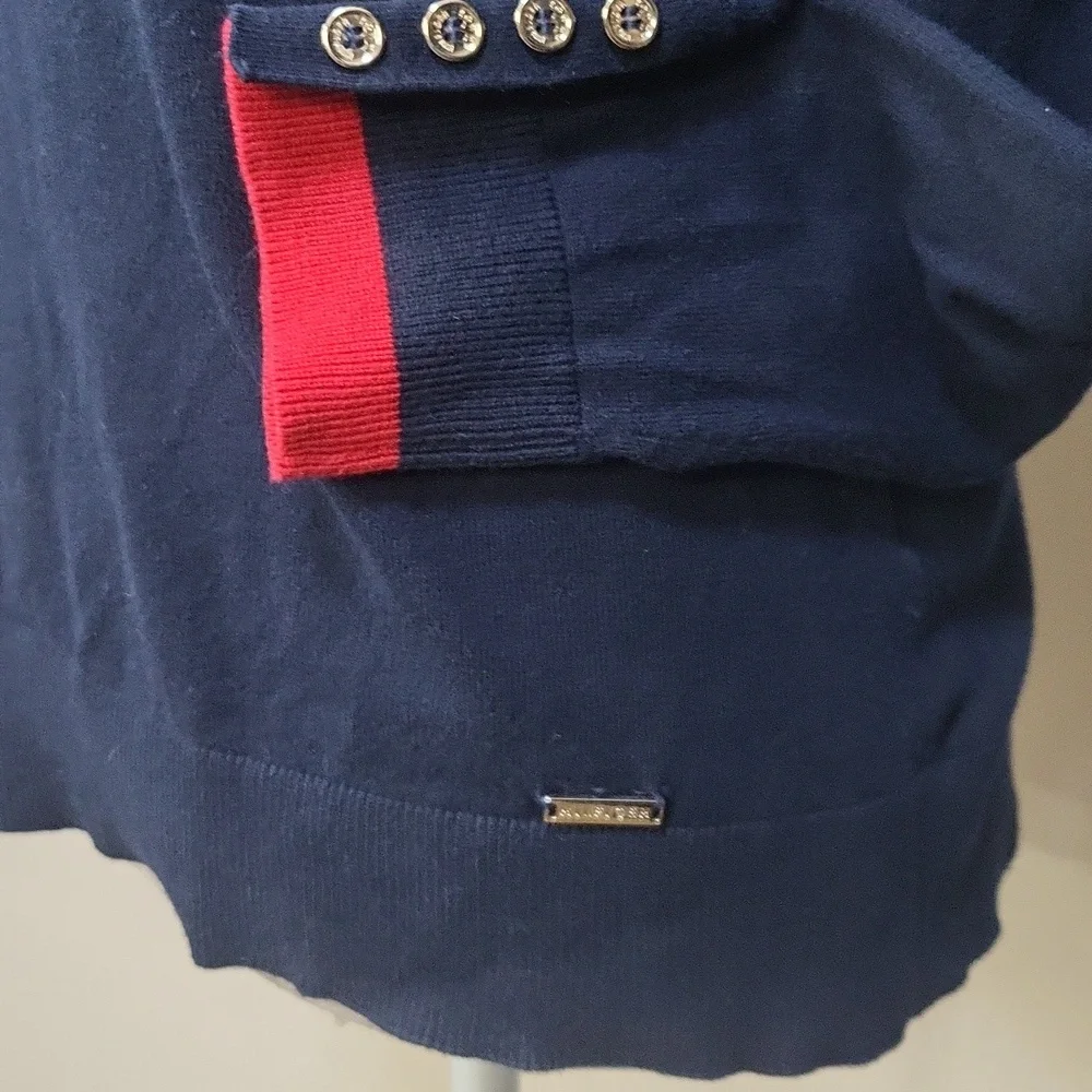 TOMMY HILFIGER Red White Blue Colorblock Silver Button Turtleneck Sweater